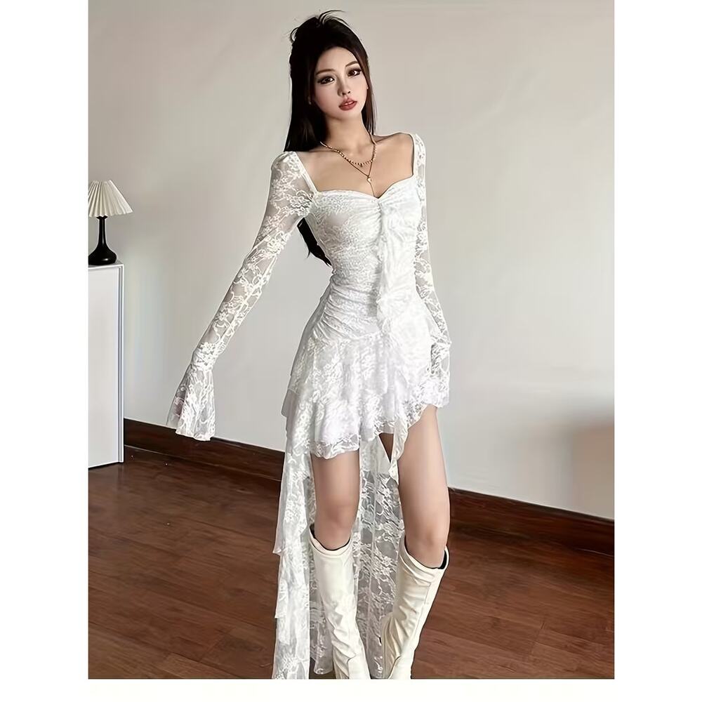 White Gothic Lace High-Low Maxi Dress Sheer Long Sleeve Fairycore Y2K (Size L) - Picture 3 of 5